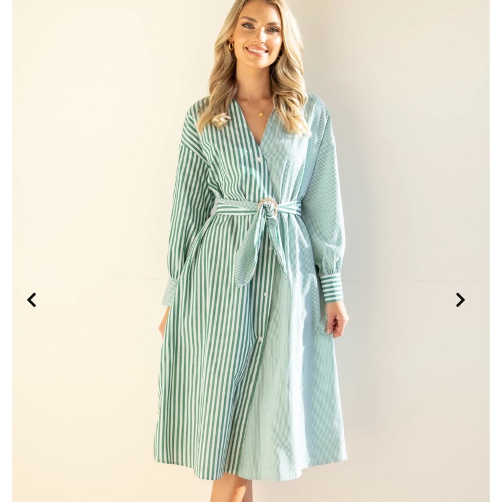 Green and white striped midi dress